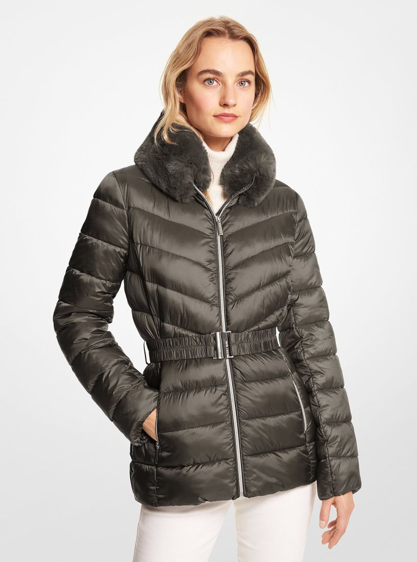 Michael Kors Faux Fur Trim Quilted Nylon Packable Puffer Jacket Mont Kadın Zeytin Yeşili | 765028-JKI