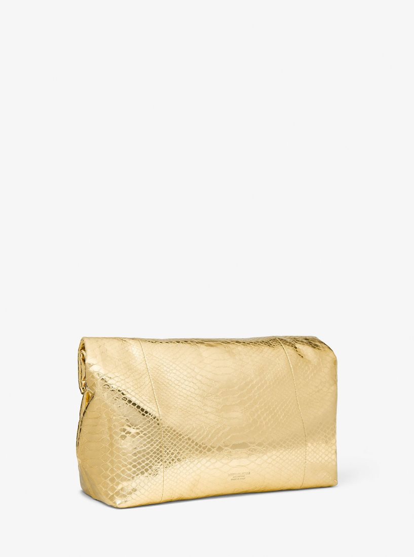 Michael Kors Monogramme Medium Metallic Python Embossed Leather Lunch Box Clutch Debriyaj Çanta Kadın Altın | 850679-HYW