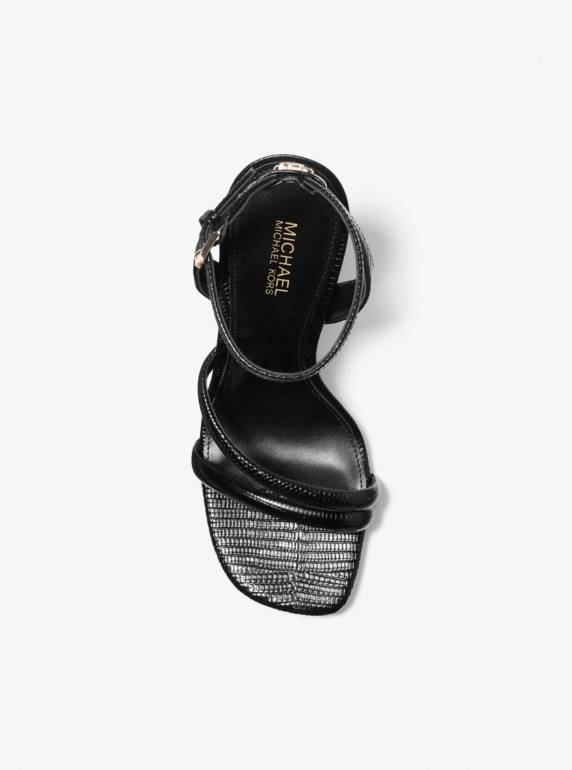 Michael Kors Nadina Lizard Embossed Leather Wedge Sandal Sandalet Kadın Siyah | 701953-BMC