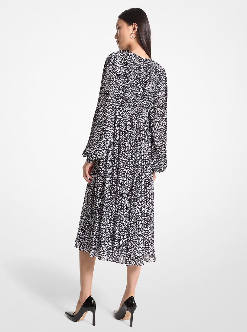 Michael Kors Pleated Leopard Print Georgette Midi Dress Elbise Kadın Siyah Beyaz | 679158-VXK