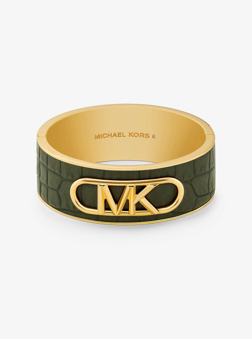 Michael Kors Precious Metal-Plated Brass and Crocodile Embossed Empire Logo Bangle Bilezik Kadın Yeşil | 264937-UKR