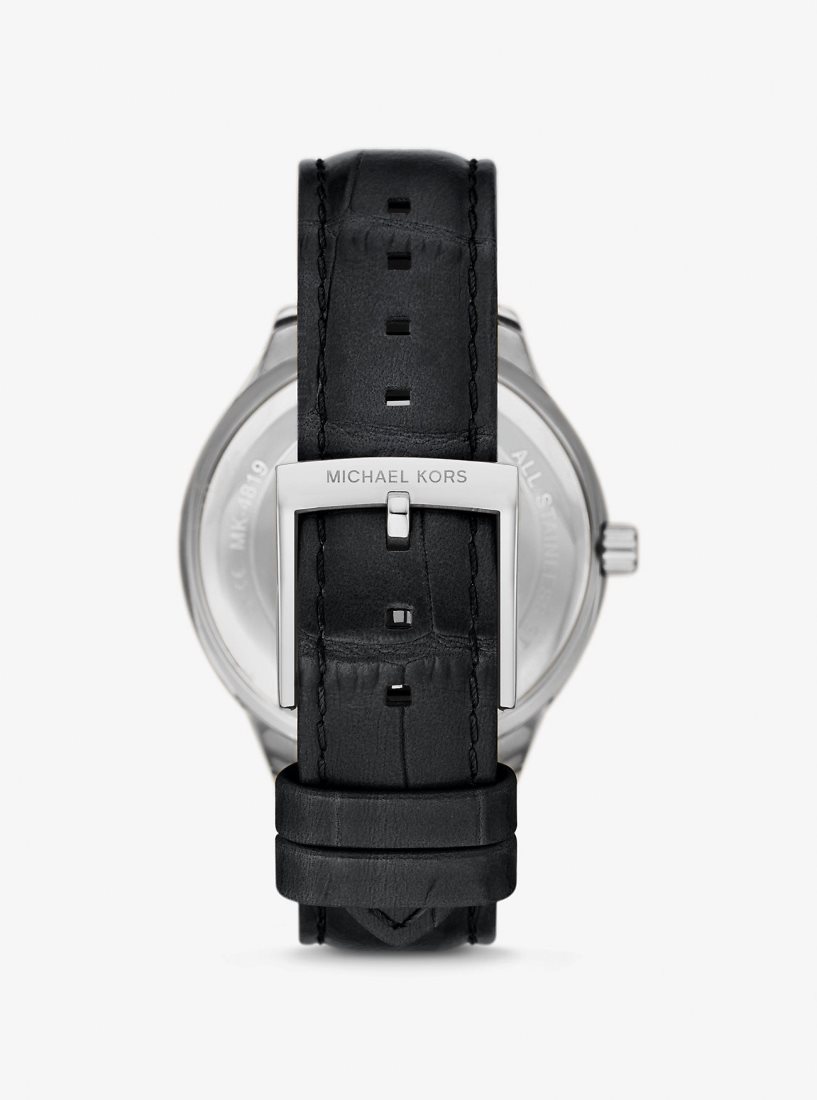 Michael Kors Sage Pave Silver-Tone and Crocodile Embossed Leather Watch Silver-tone Erkek Siyah | 732065-TGZ
