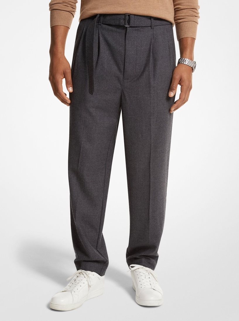 Michael Kors Stretch Wool Flannel Belted Trousers Pantolon Erkek Gri | 493057-KYQ