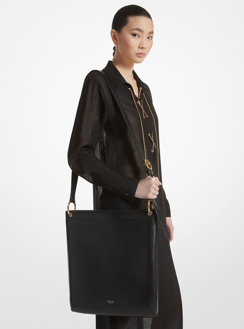 Michael Kors Tate Large Leather Messenger Bag Totes Kadın Siyah | 608492-OTG